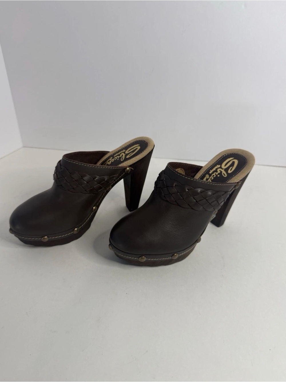 NEW Sbicca Vintage Collection Brown Leather Clogs Size 7 Made in Italy Boho 70s.